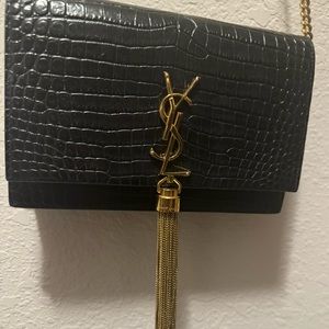Yves Saint Laurent Kate Tassel Monogram Croc-Embossed Leather Shoulder Bag